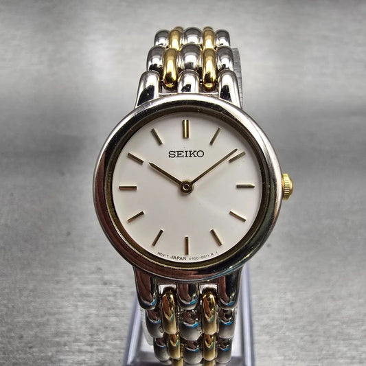 Seiko Watch Women 24mm White Dial Two Tone Round V700-6379 New Battery Vintage0