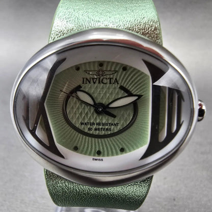 Invicta Watch Women 34mm Green Dial Steel Oval 3208 New Battery Swiss Leather1