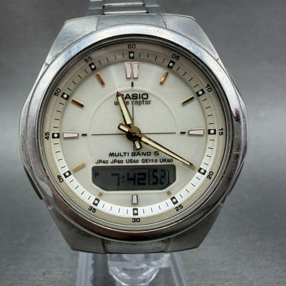 Casio Wave Ceptor Solar Watch Men 41mm White Dial Analog Digital Steel Runs LKH0