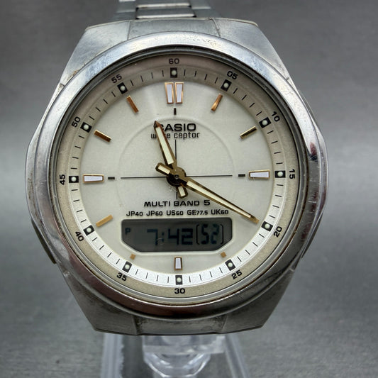 Casio Wave Ceptor Solar Watch Men 41mm White Dial Analog Digital Steel Runs LKH0