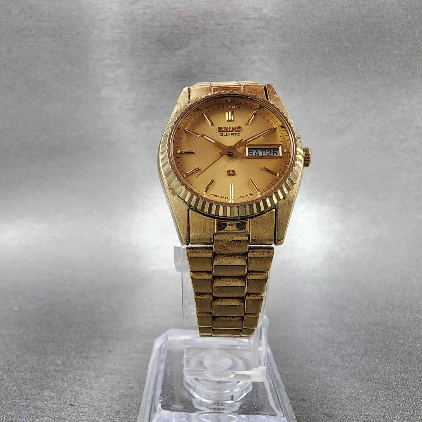 Seiko SQ Watch Women 25mm Gold Dial Gold Tone Daydate Round 2A230039 NewBat VTG5