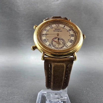 Seiko Alarm Chronograph Watch Men 35mm Champagne Dial Gold Tone 8M25-6009 PARTS6