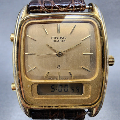 Seiko Analog Digital Watch Men 30mm Champagne Dial Gold Tone New Battery READ!!!1