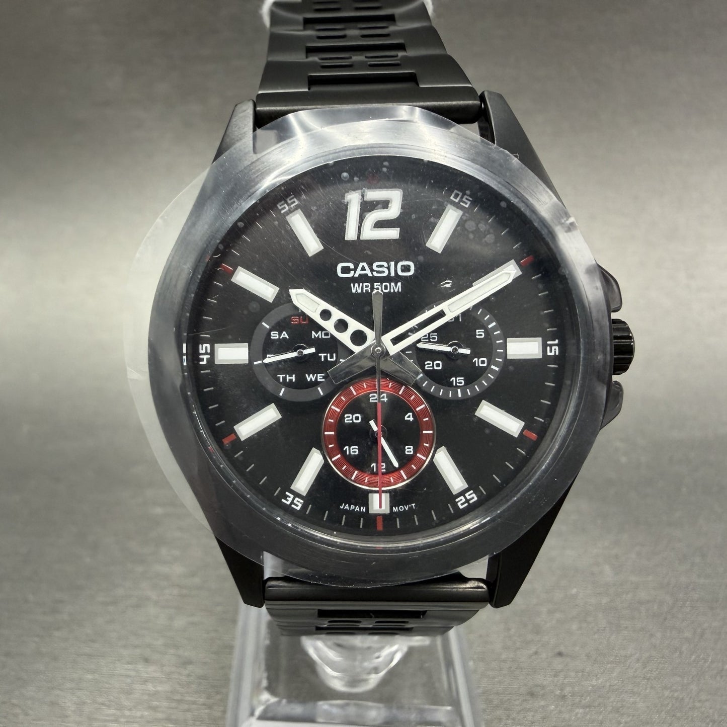 Casio MTP-E350 Watch Men 39mm Black Dial Black Tone Daydate Metal Bracelet0