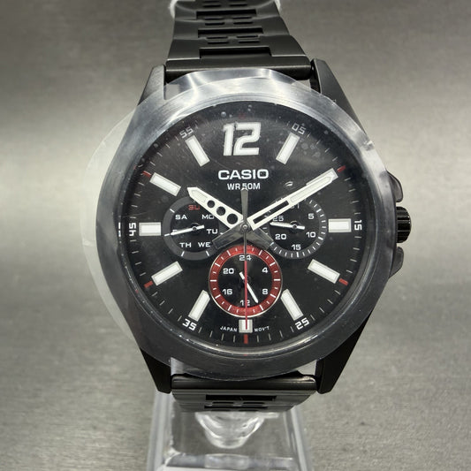 Casio MTP-E350 Watch Men 39mm Black Dial Black Tone Daydate Metal Bracelet0