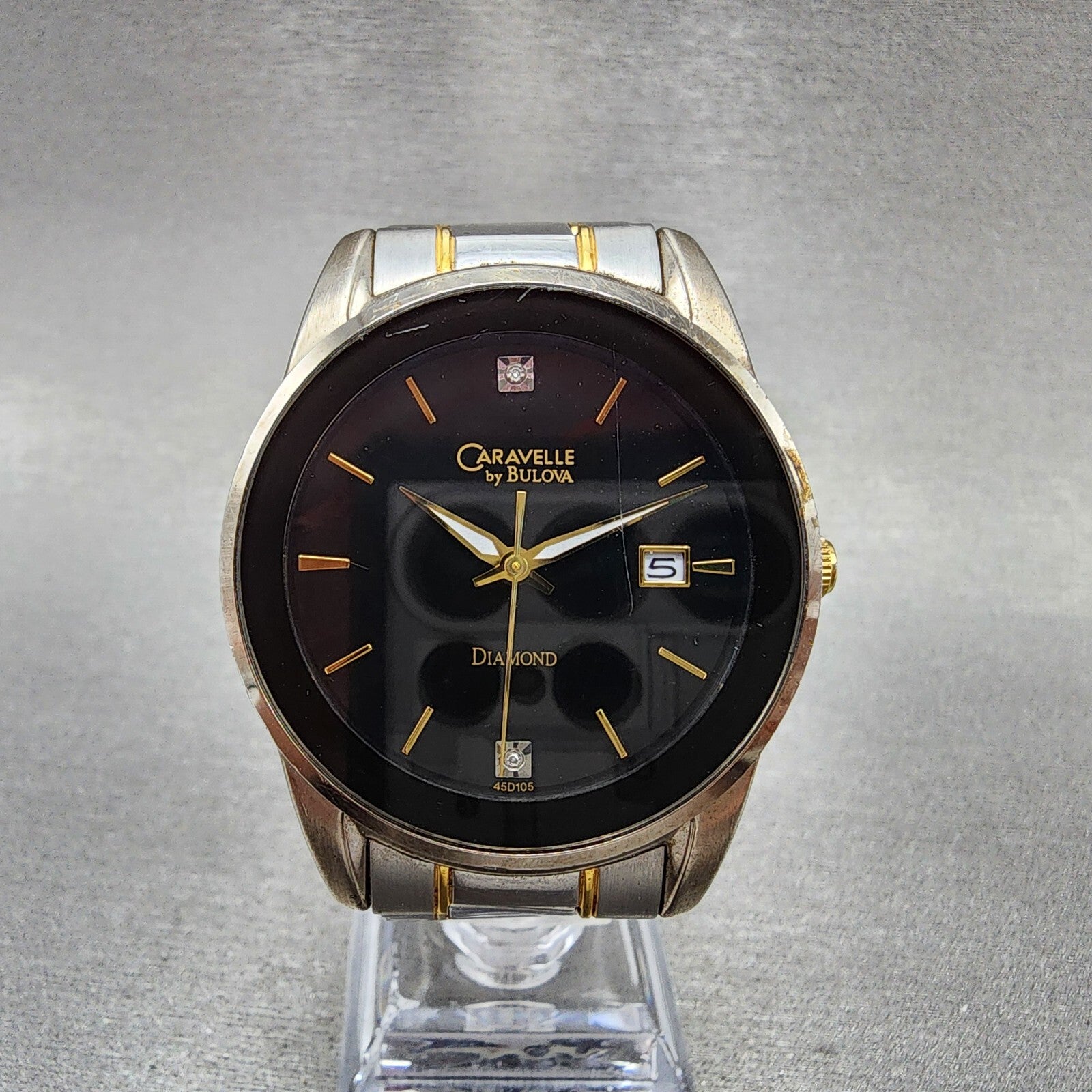 Bulova Caravelle Watch Men 40mm Black Dial two Tone Date Round 45D105 New Batt0