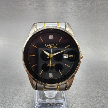 Bulova Caravelle Watch Men 40mm Black Dial two Tone Date Round 45D105 New Batt0