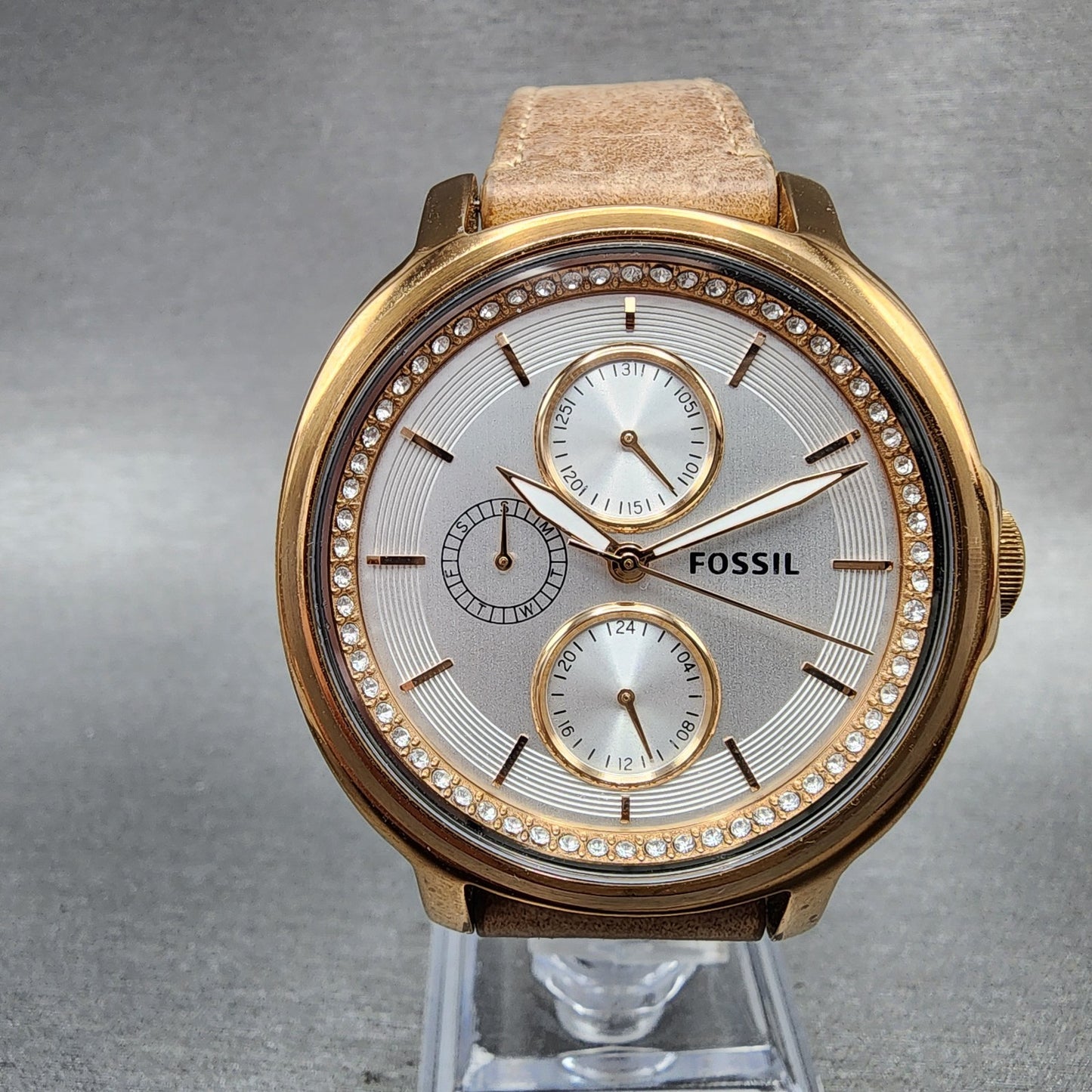 Fossil Chelsey Watch Women 40mm Silver Dial Rose Gold Tone Daydate Round NewBatt0