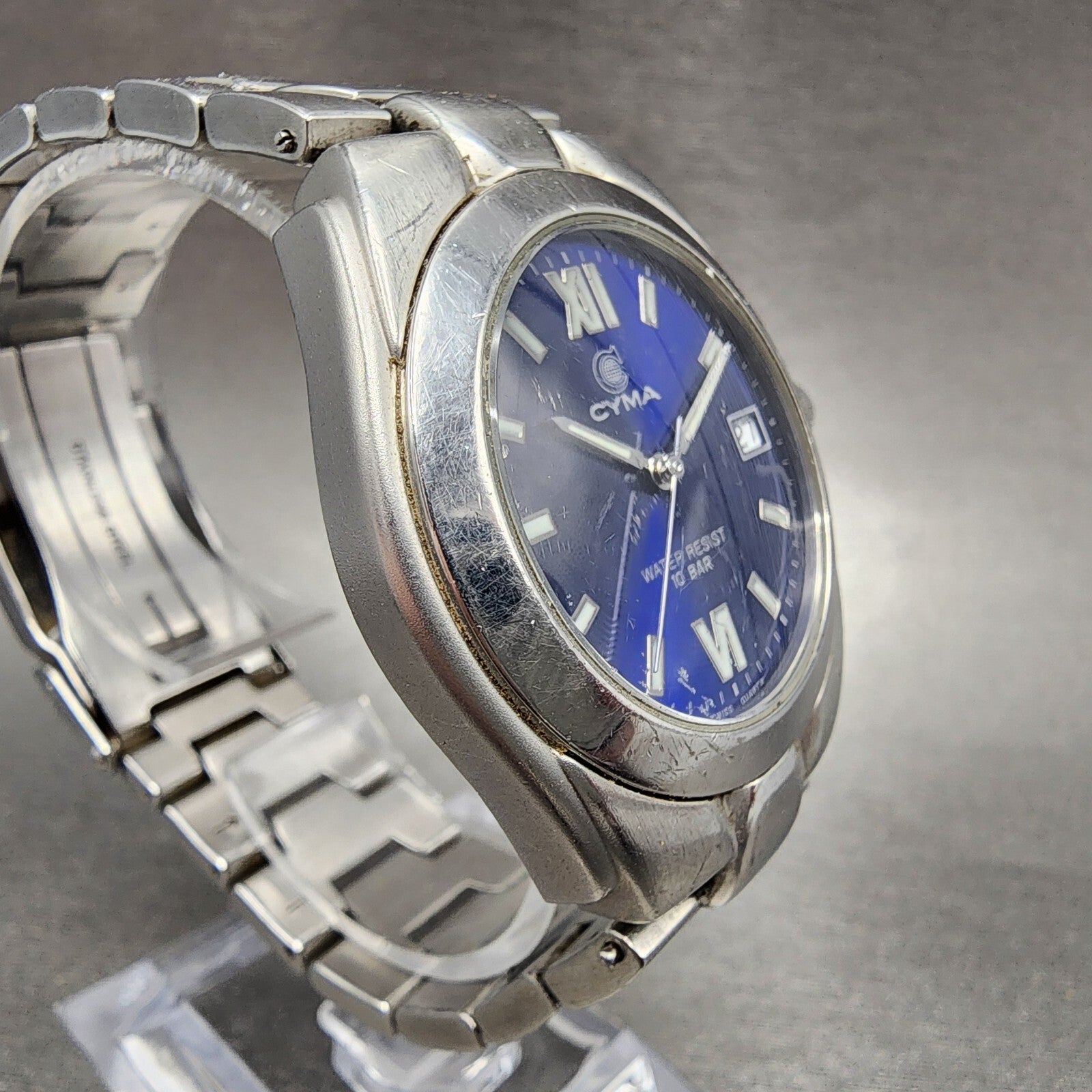 Cyma Watch Men 37mm Blue Dial Stainless Steel Date Round New Battery3