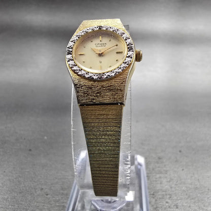Citizen CQ Watch Women 17mm Gold Dial Gold Tone Gemmed 3220-324196 New Battery5