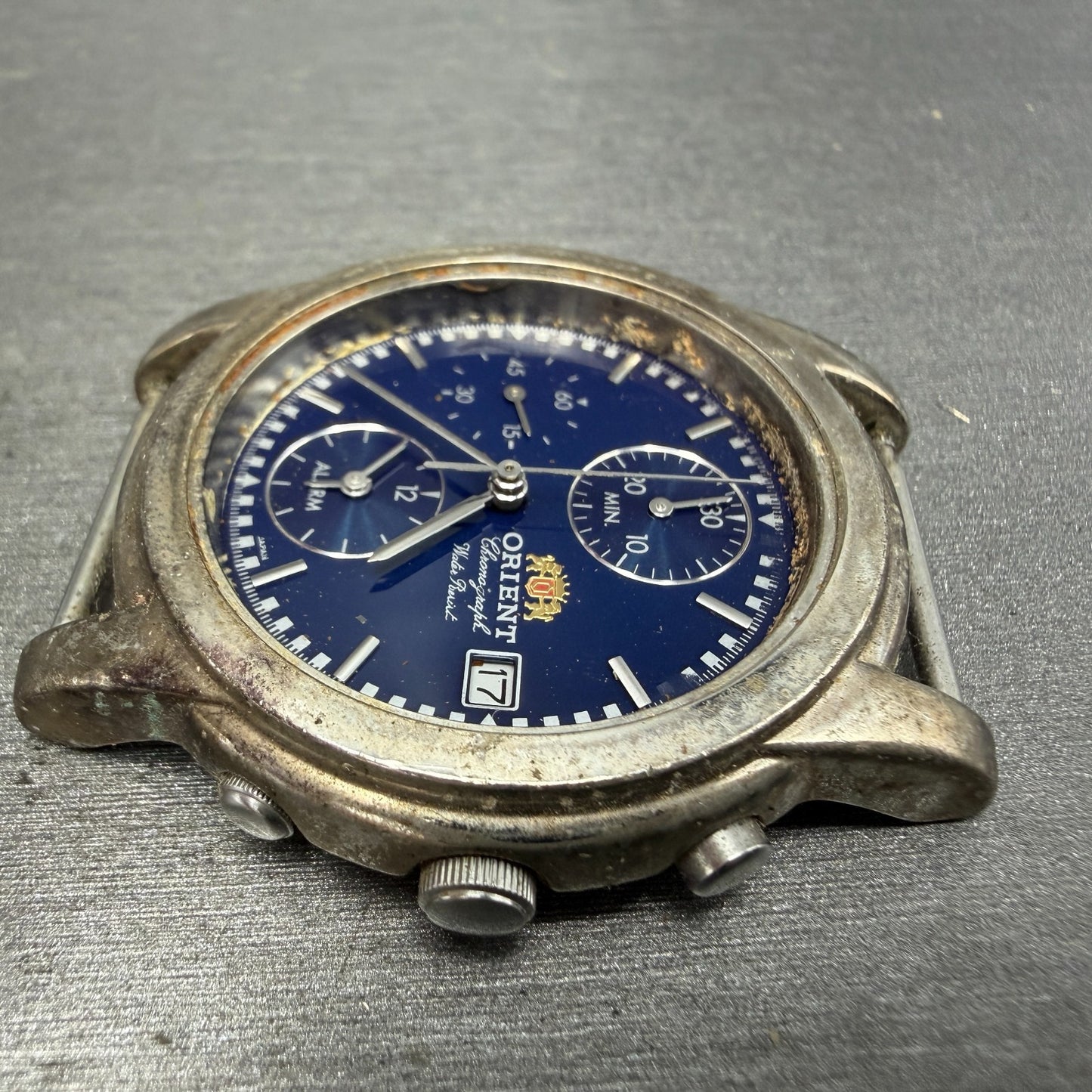 Orient Chronograph Watch Men 37mm Blue Dial Silver Tone Alarm TA0A-000 PARTS6