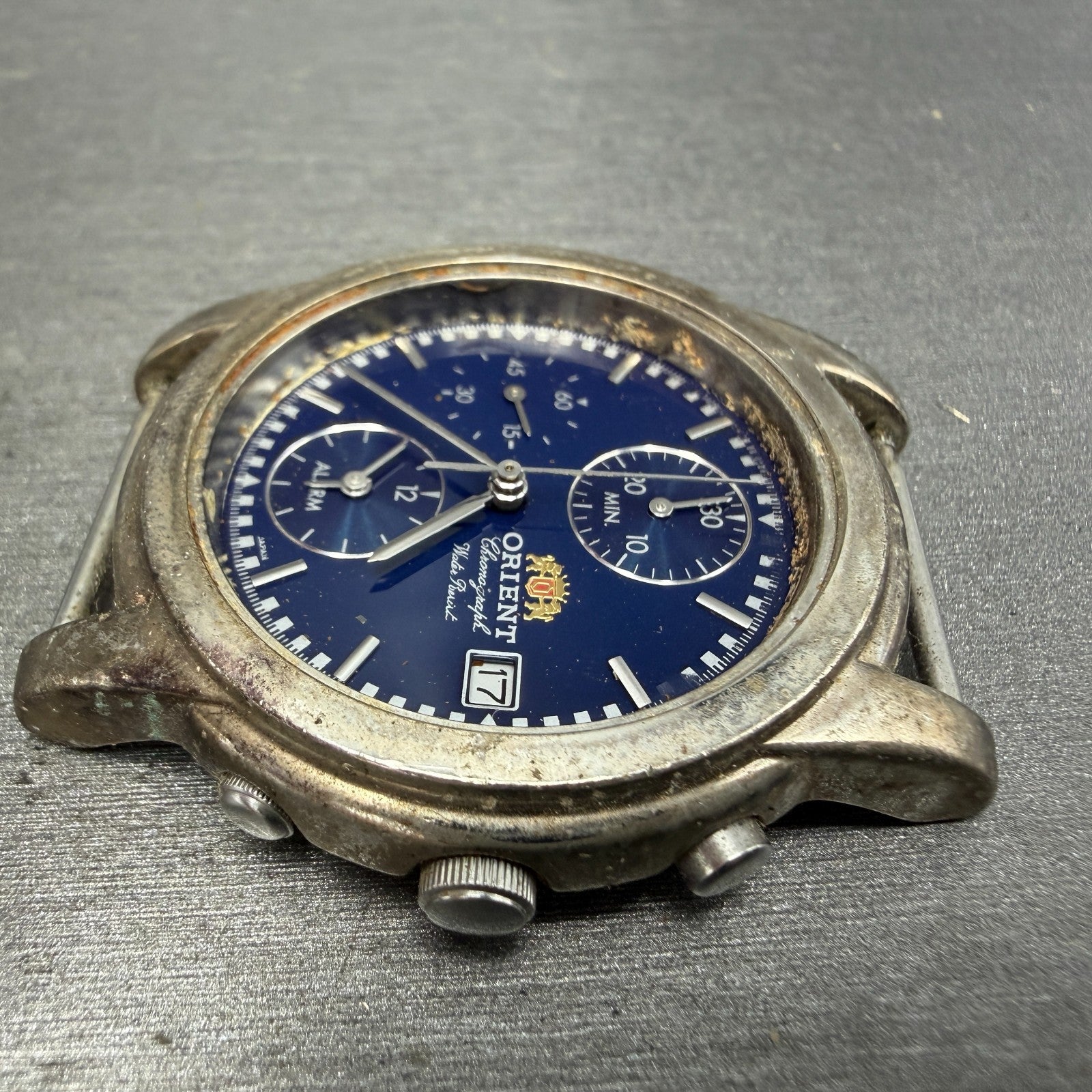 Orient Chronograph Watch Men 37mm Blue Dial Silver Tone Alarm TA0A-000 PARTS6