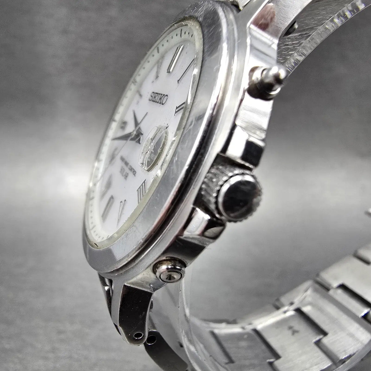 Seiko Solar Watch Men 38mm White Dial Silver Tone Date Atomic 7B52-0AG0 READ!!!!3