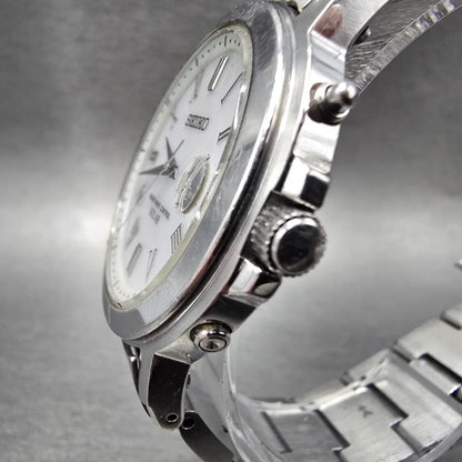 Seiko Solar Watch Men 38mm White Dial Silver Tone Date Atomic 7B52-0AG0 READ!!!!3