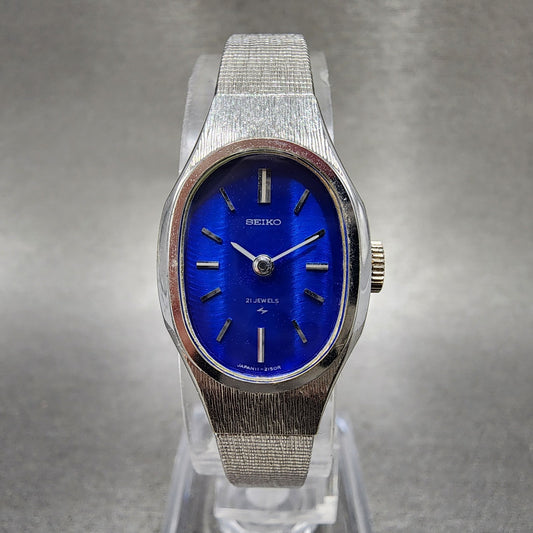 Seiko Watch Women 18mm Blue Dial Silver Tone Manual Oval 117770 Runs0