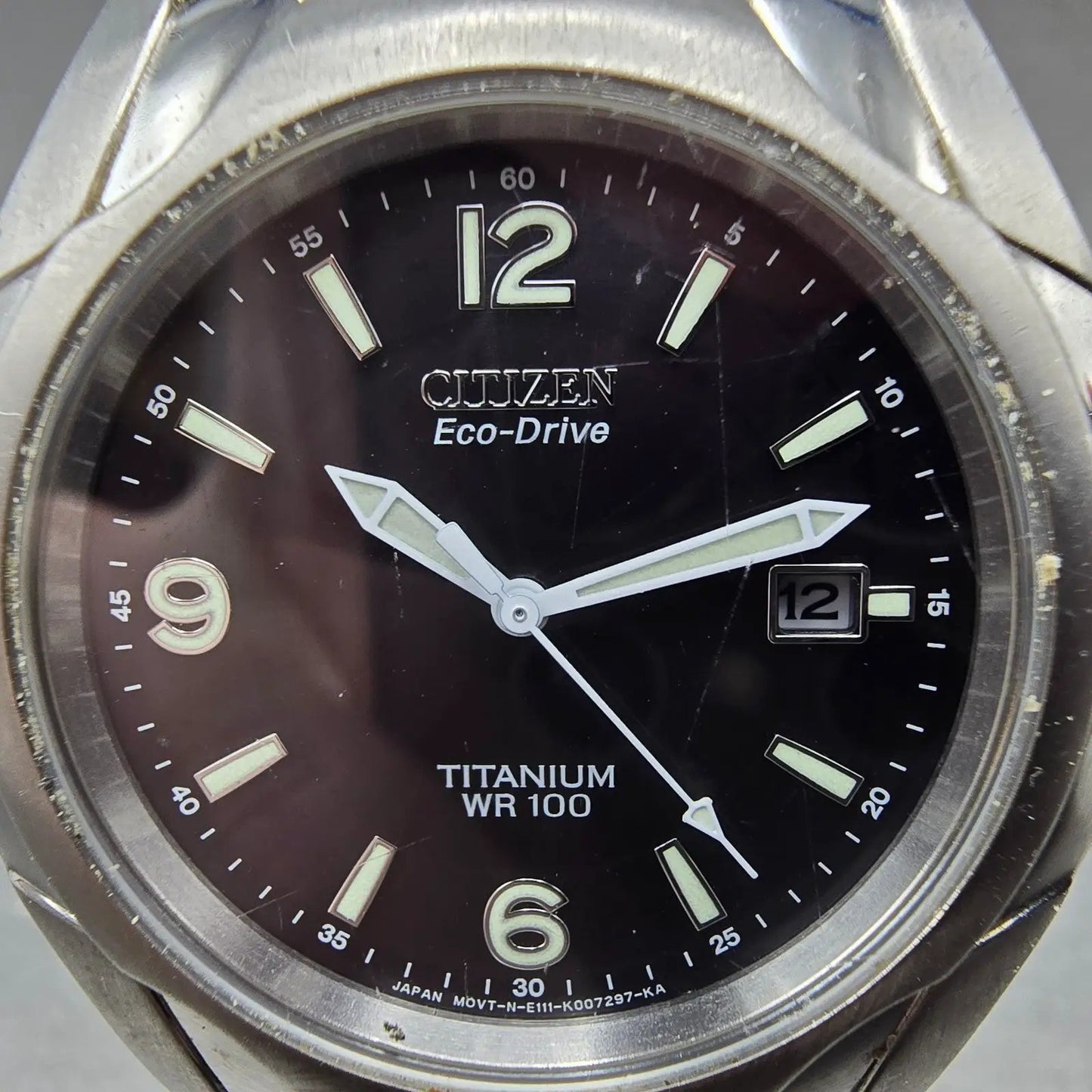 Citizen Eco-Drive Watch Men 41mm Black Dial Titanium Date E111-K006368 Runs AB1