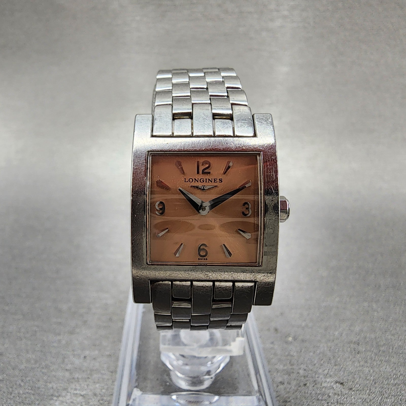 Longines Tank Watch Women 21mm Salmon Dial Steel Rectangle L5.166.4 New Battery0