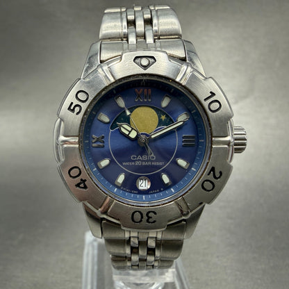 Casio Moonphase Dive Watch Women 31mm Blue Dial Steel Date Round LD-738 NewBat0