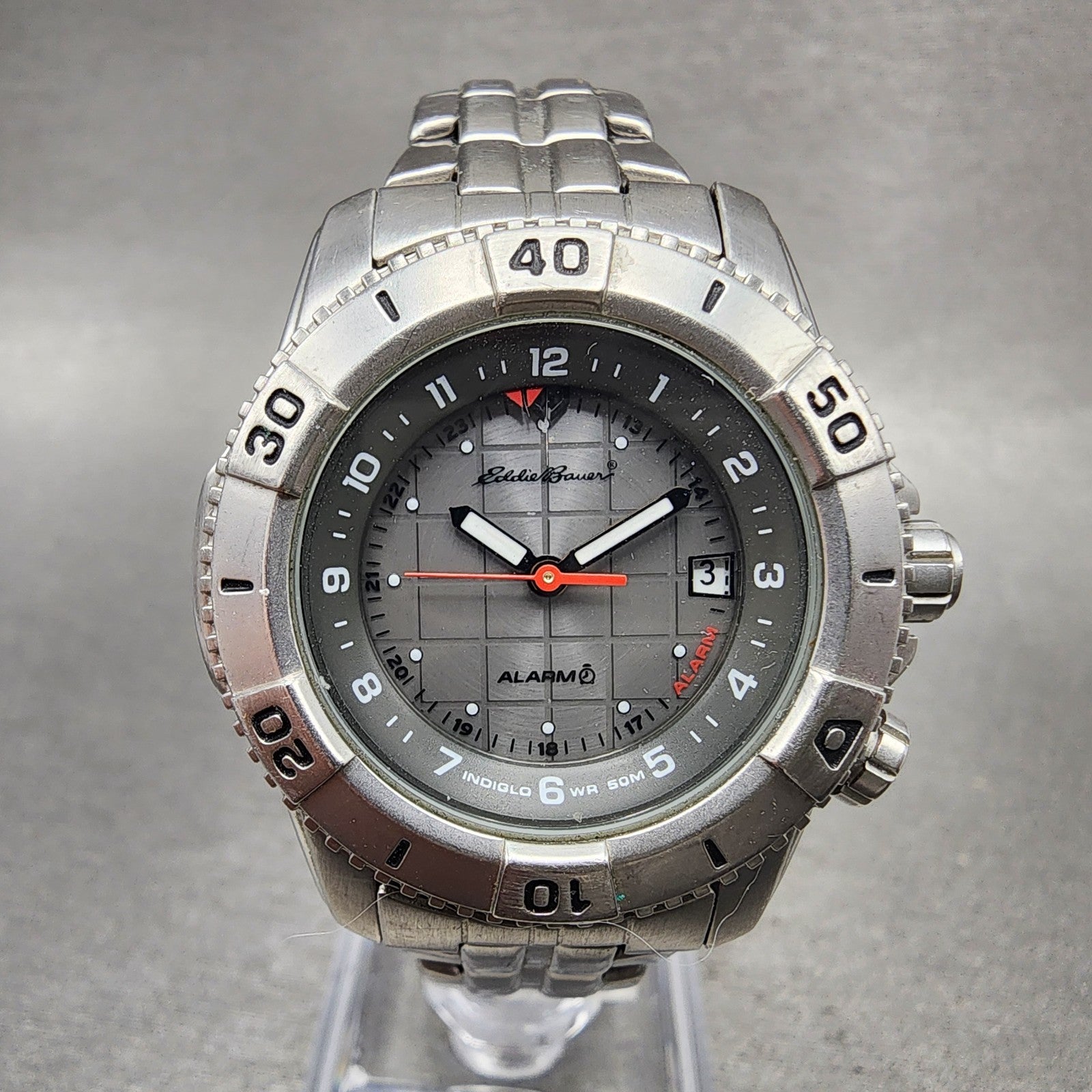 Eddie Bauer Watch Women 32mm Gray Dial Silver Tone Date Alarm Round New Battery0
