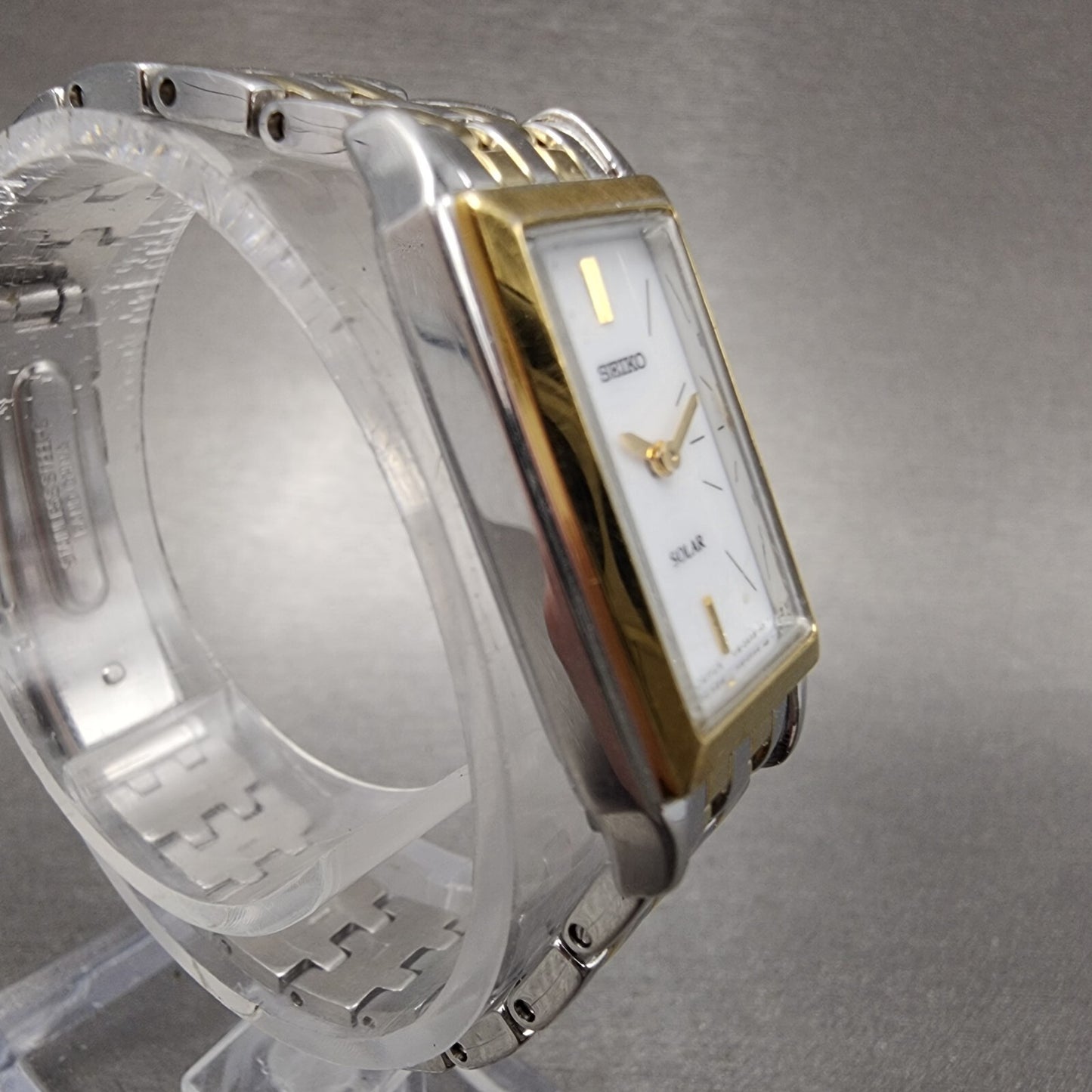 Seiko Solar Tank Watch Women 16mm White Dial Two Tone Rectangle V1160AA0 Runs3