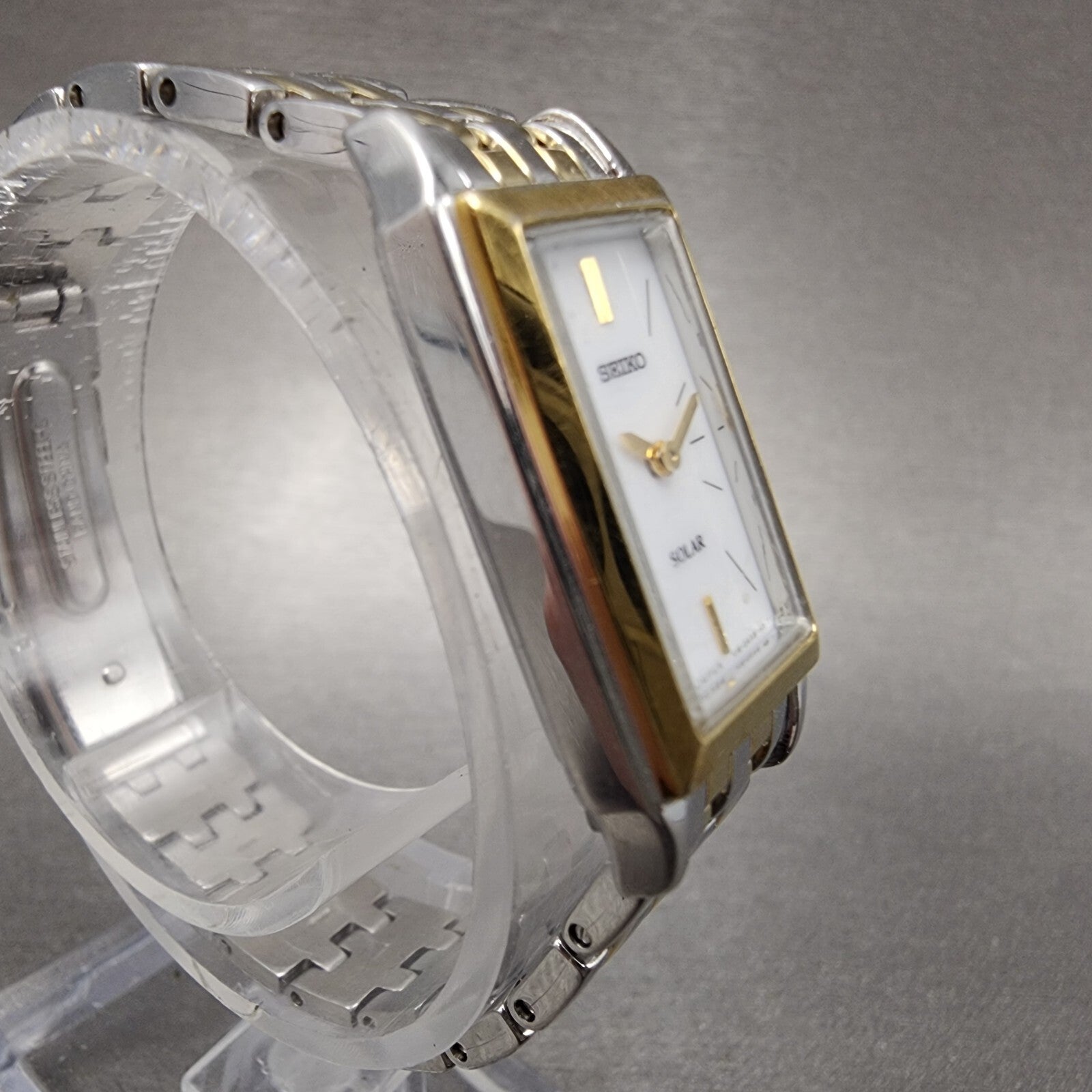 Seiko Solar Tank Watch Women 16mm White Dial Two Tone Rectangle V1160AA0 Runs3