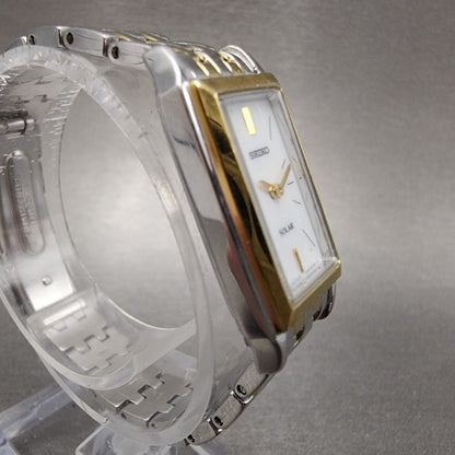 Seiko Solar Tank Watch Women 16mm White Dial Two Tone Rectangle V1160AA0 Runs3