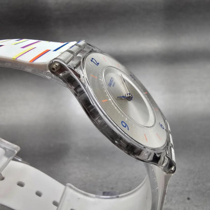 Swatch THIN LINER Watch Men Silver Dial Clear Case Round SFE108 New Battery3