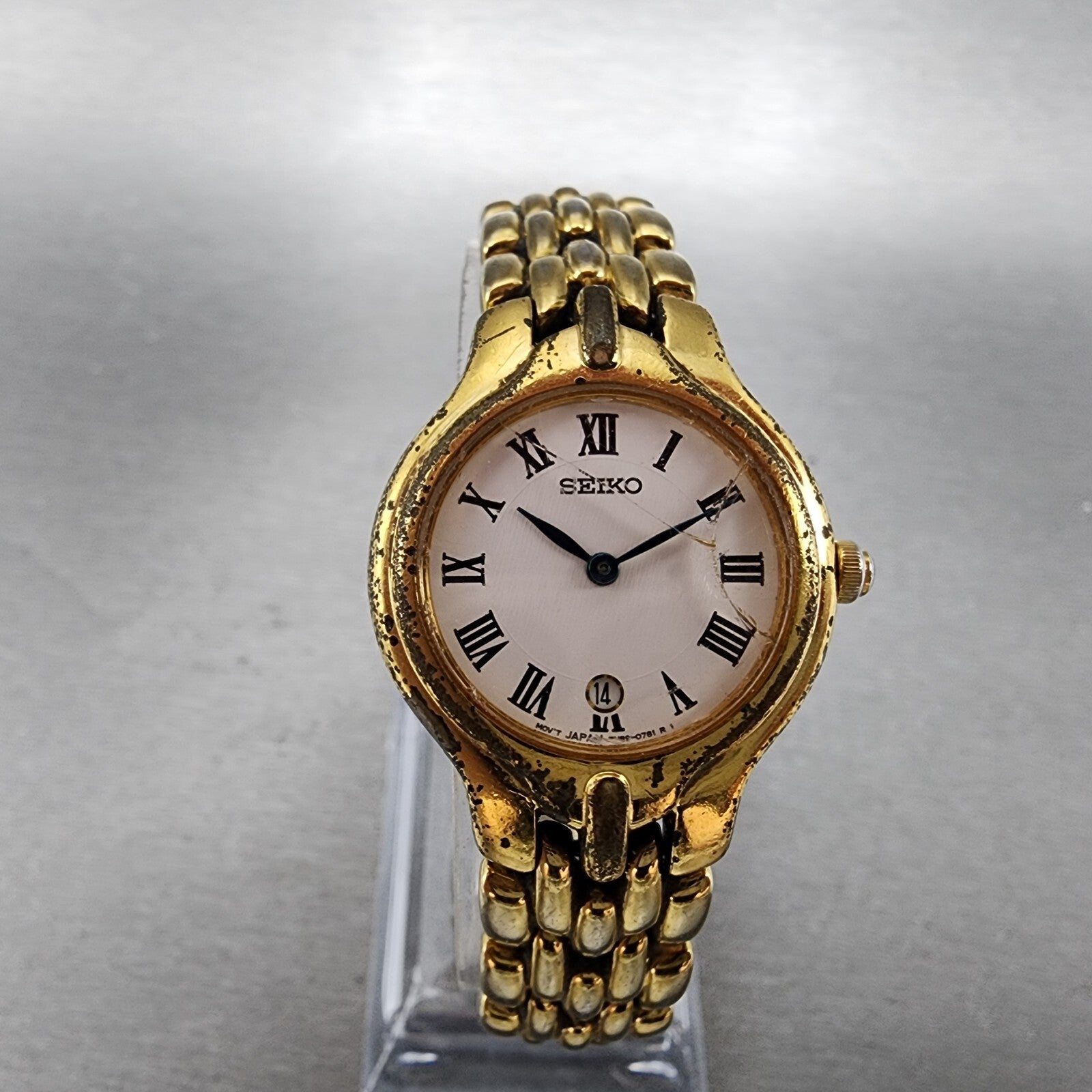 Seiko Watch Women 26mm White Dial Gold Tone Date Round 7N890420 New Battery0