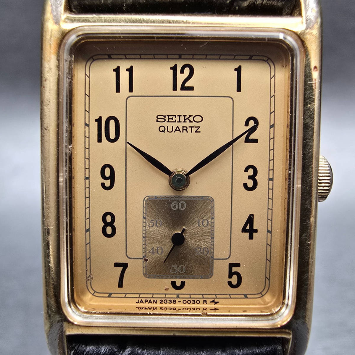 Seiko Tanl Watch Women 17mm Gold Dial Gold Rectangle 2G38-5010 New Battery VTG1