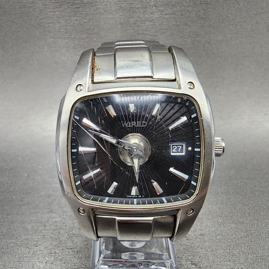 Seiko Wired Watch Men 39mm Black Dial Silver Tone Date Rectangle 7N420DB0 PARTS0