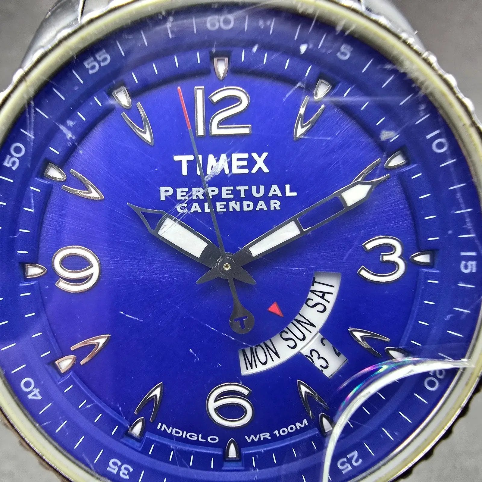 Timex Perpetual Calendar Watch Men 40mm Blue Dial Silver Tone Daydate New Batt1