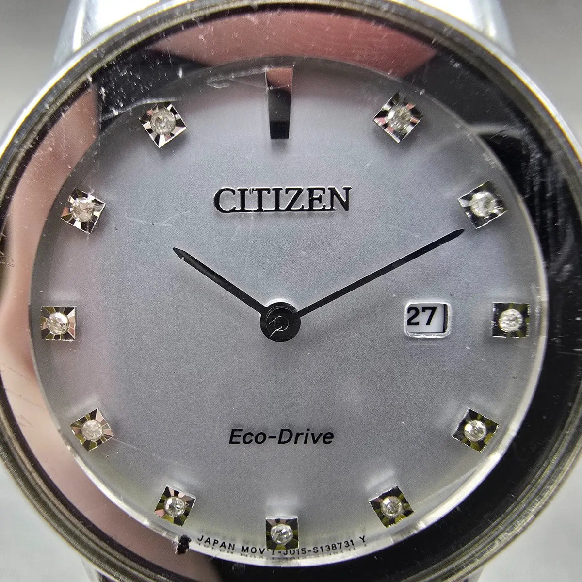 Citizen Eco-Drive Axiom Watch Women 30mm Silver Dial Steel Date Diamonds Works1