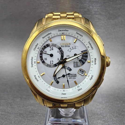 Citizen EcoDrive Cal 8700 Watch Men 39mm White Dial Gold Perpetual Calendar0