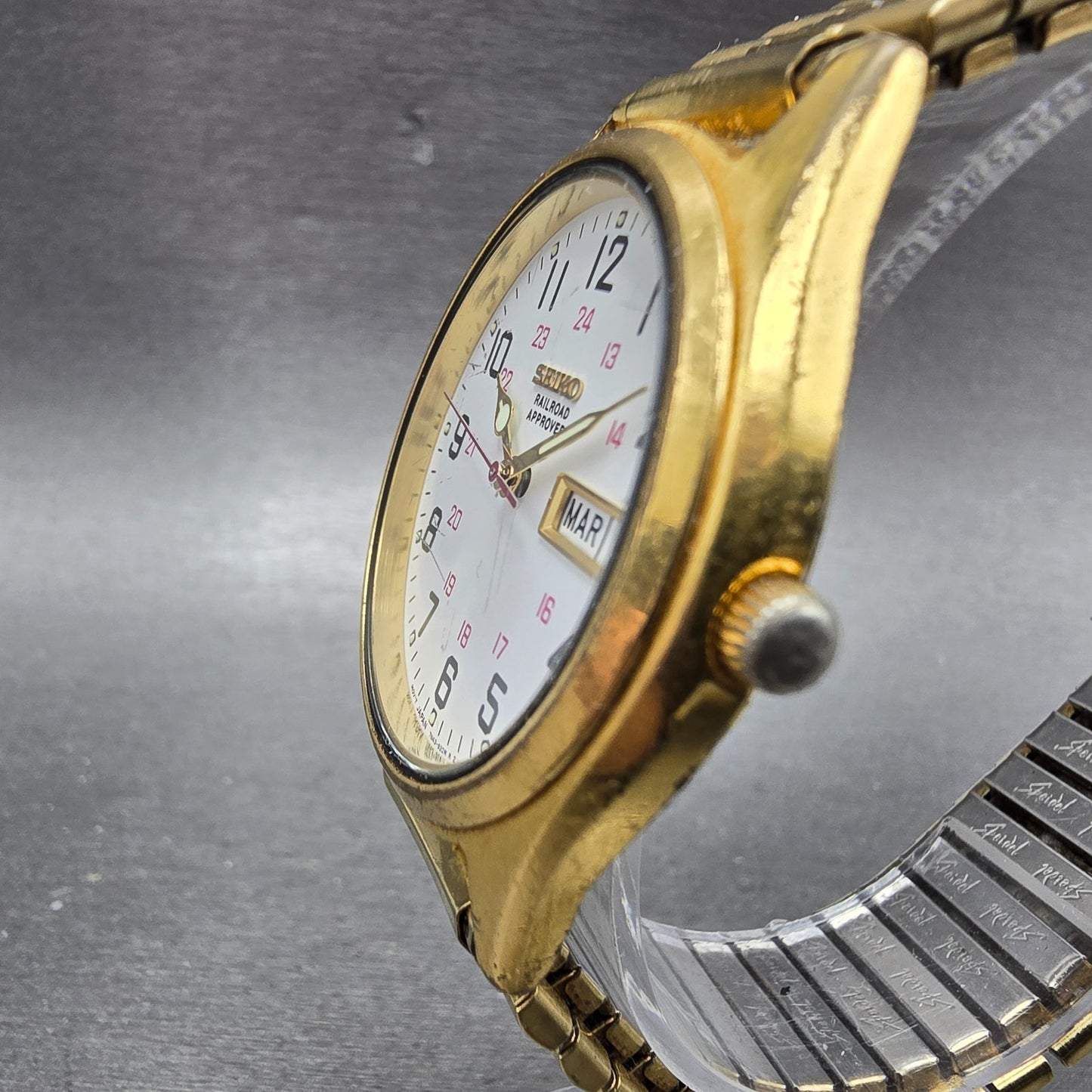 Seiko Railroad Approved Watch Men 37mm White Dial Gold Tone Daydate Round PARTS3
