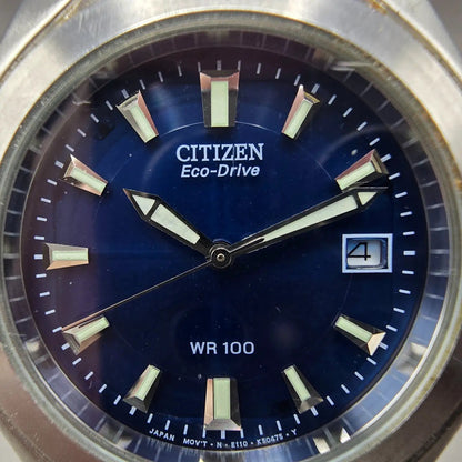 Citizen Eco-Drive Watch Men 39mm Blue Dial Silver Tone Date E110-K16385 Runs JP51