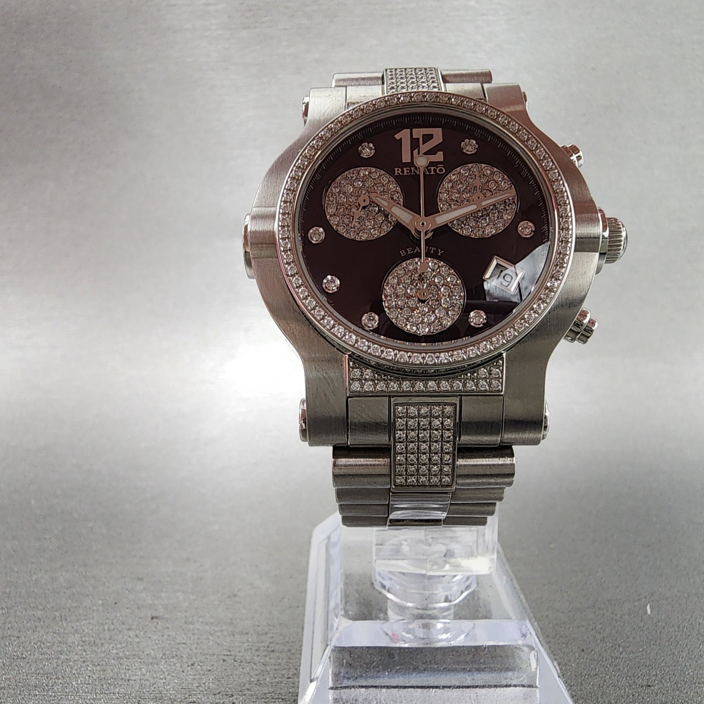 Renato Beauty Chronograph Watch Women 36mm Brown Dial Steel Diamond New Battery6