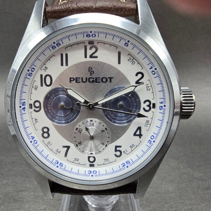 Peugeot Watch Men 42mm White Dial Silver Round Daydate 2028 New Battery1