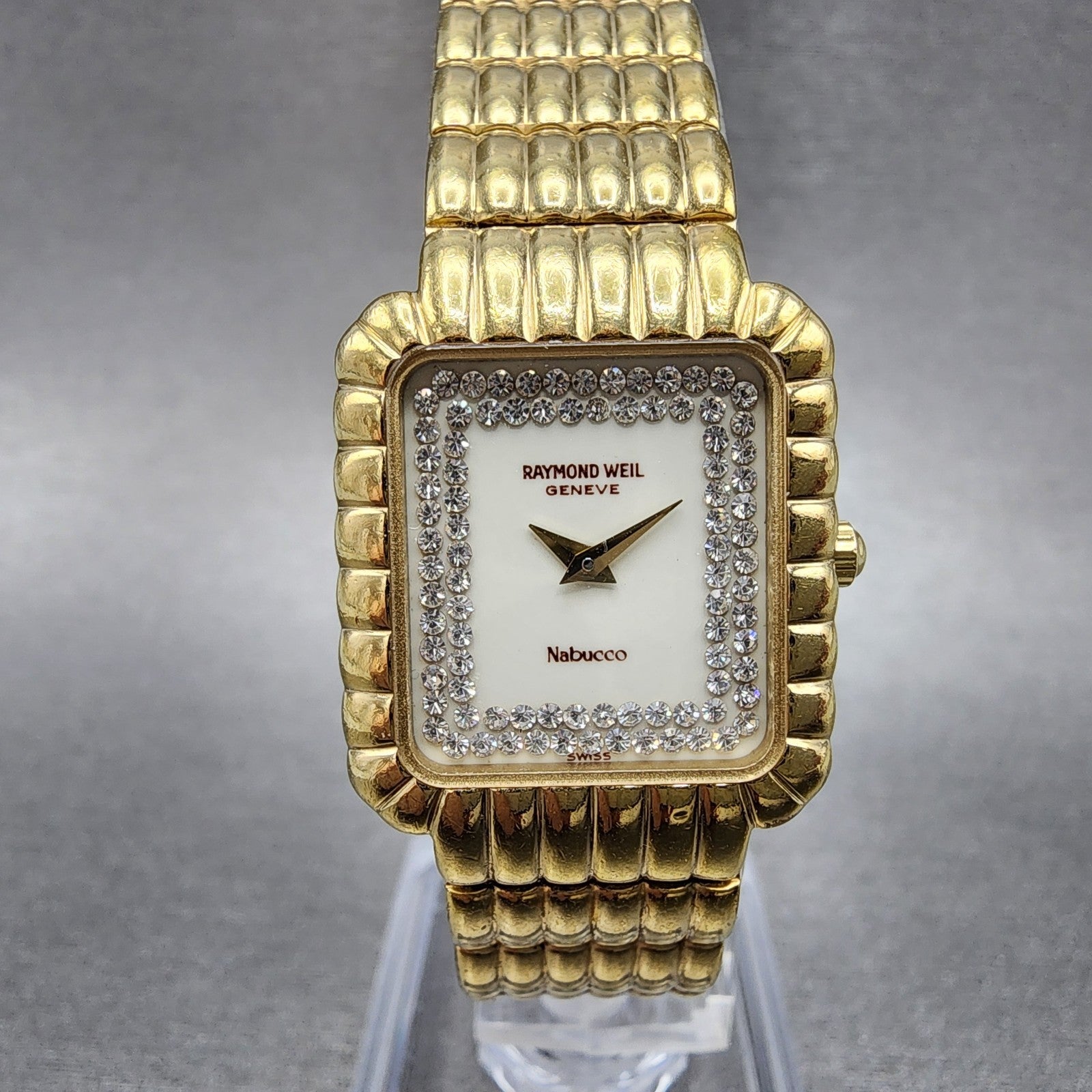 Raymond Weil Nabucco Tank Watch Women 21mm White Dial Gold Tone 37532 New Batt0