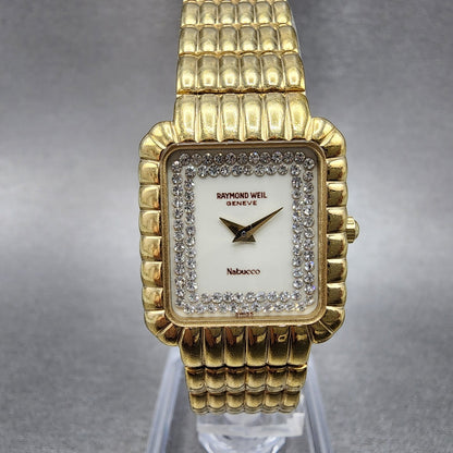 Raymond Weil Nabucco Tank Watch Women 21mm White Dial Gold Tone 37532 New Batt0