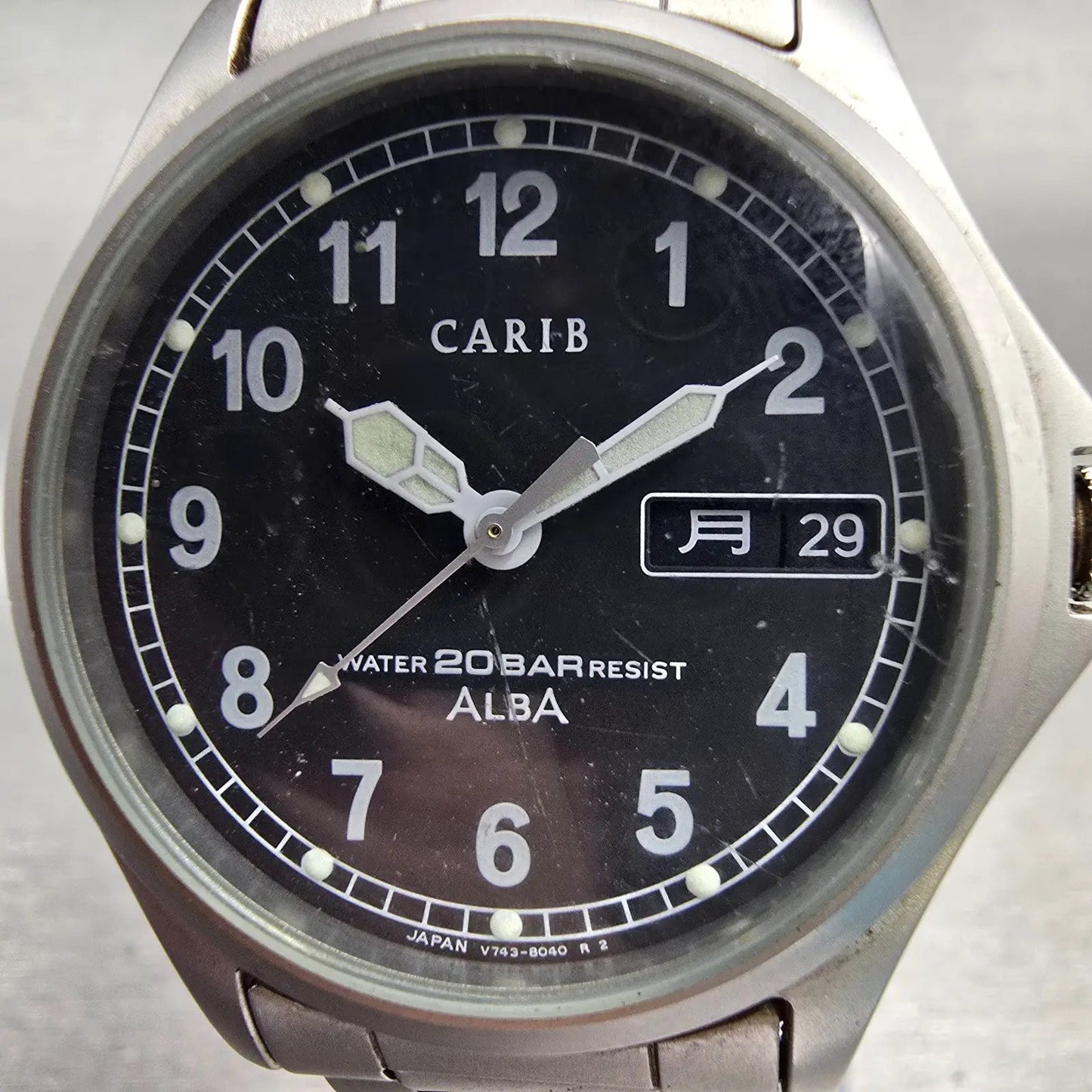 Seiko Alba Carib Watch Men 35mm Black Dial Silver Tone Daydate V743-8000 New Bat1