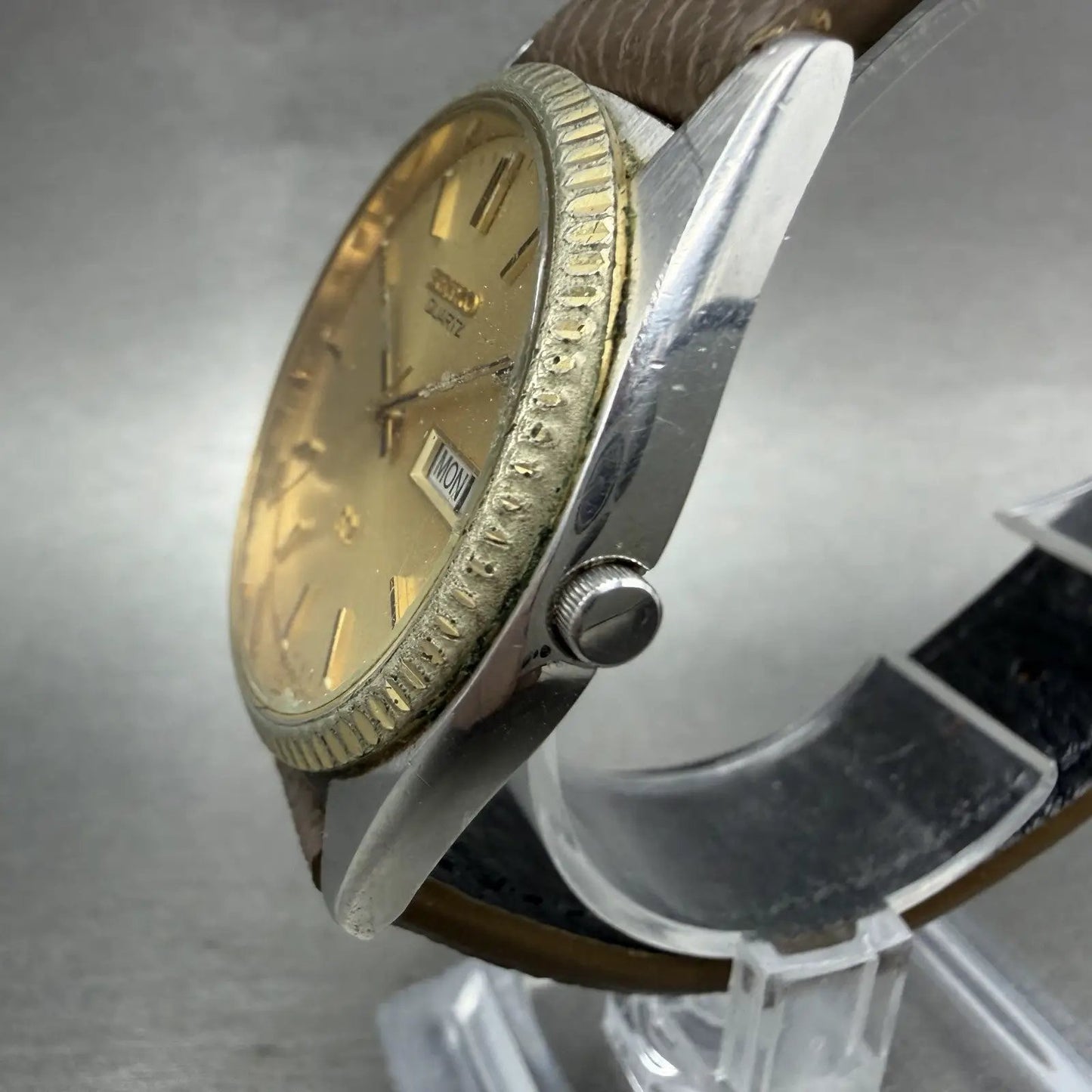 Seiko SQ President Watch Men 36mm Gold Dial Two Tone Daydate Round 5Y238A69 A12