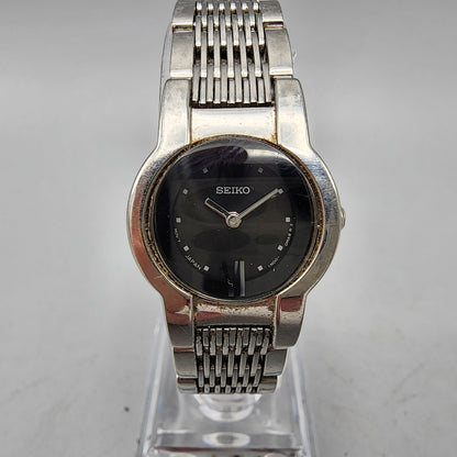 VTG Seiko Watch Women 20mm Black Dial Silver Tone Round 1N00-0HM0 New Battery