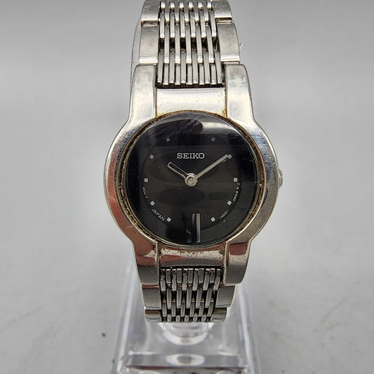 VTG Seiko Watch Women 20mm Black Dial Silver Tone Round 1N00-0HM0 New Battery