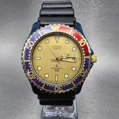 Citizen Dive Watch Men 40mm Gold Dial Blue Case Pepsi Bezel Round READ!!!!! Runs0