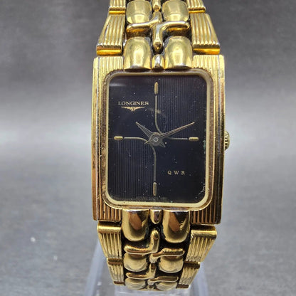 Longines QWR Tank Watch Women 17mm Black Dial Gold Rectangle New Battery VTG0