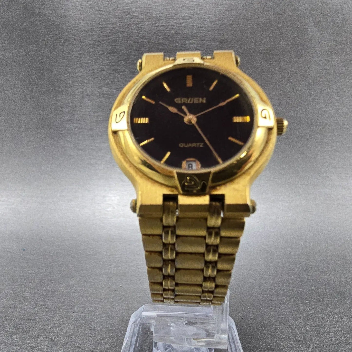 Gruen Watch Unisex 31mm Black Dial Gold Tone Date Round 225-6M12 New Battery5