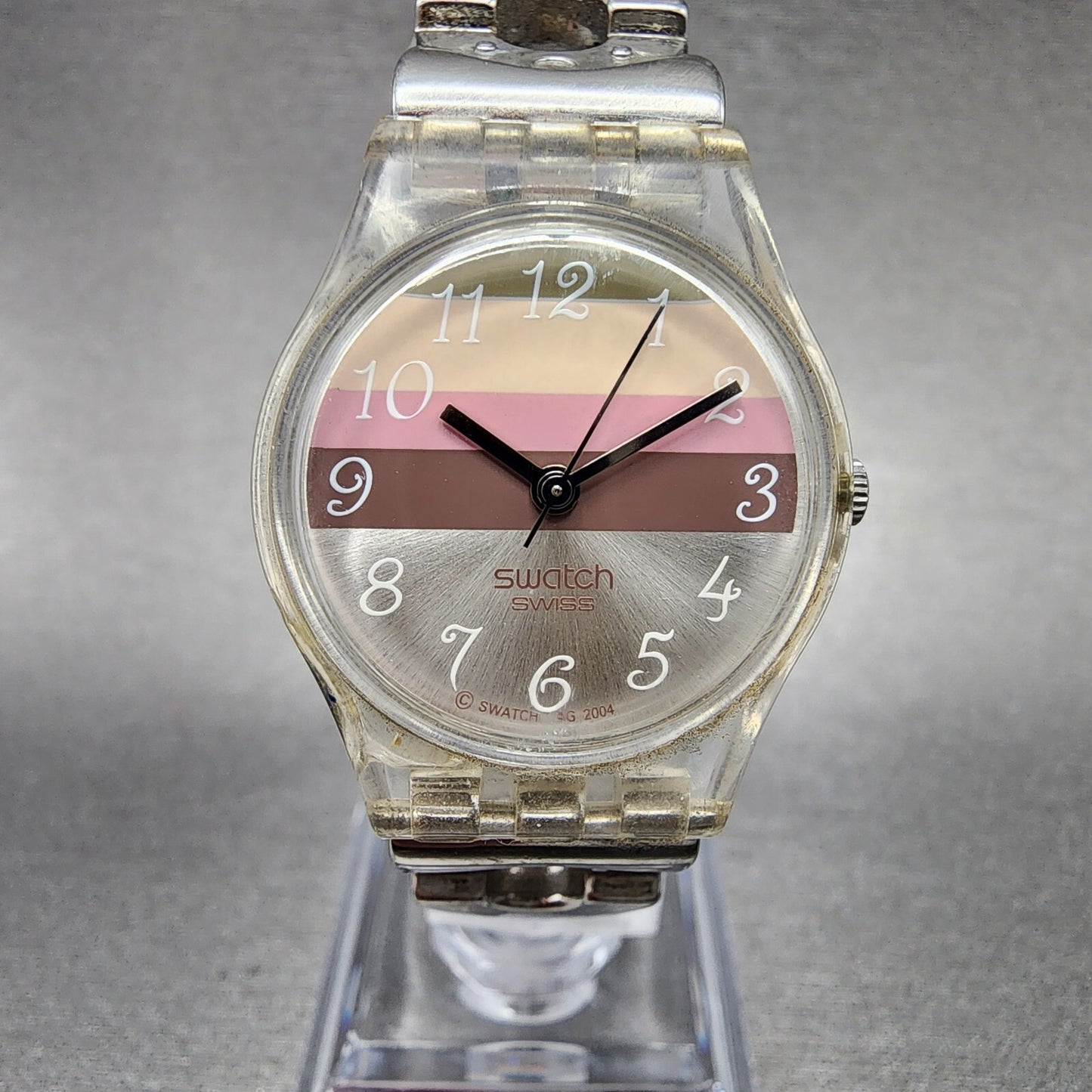 Swatch Metallic Dune Watch Women 25mm Silver Dial Clear Case Round LK258G NewBat0