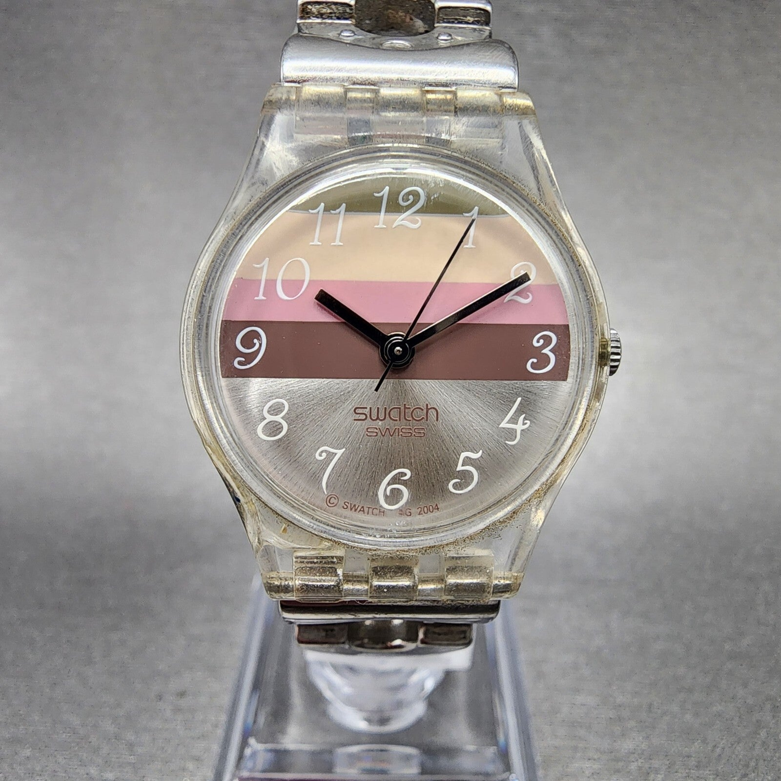 Swatch Metallic Dune Watch Women 25mm Silver Dial Clear Case Round LK258G NewBat0