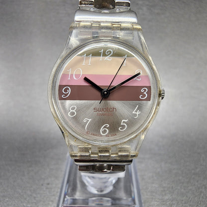 Swatch Metallic Dune Watch Women 25mm Silver Dial Clear Case Round LK258G NewBat0