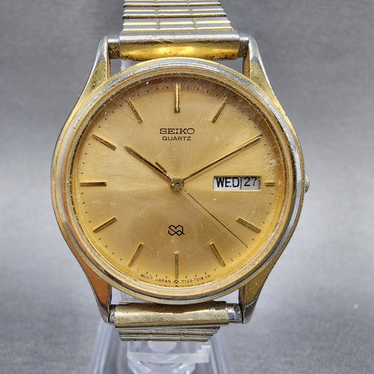 Seiko SQ Watch Men 34mm Gold Dial Gold Tone Dadyate Round 5Y23-7079 New Battery